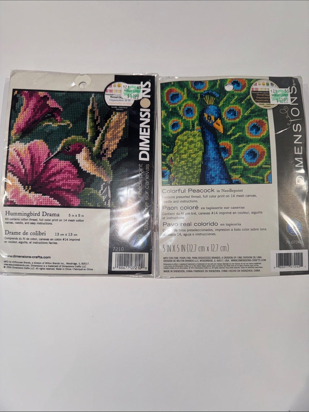 NEW two Hobby Lobby Needlepoint Kits - Hummingbird Drama and Colorful Peacock